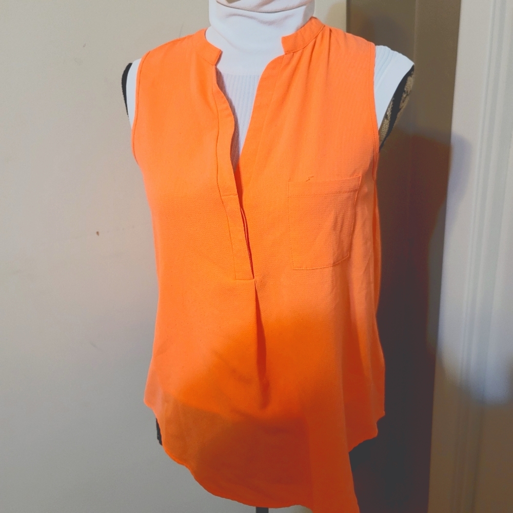 Orange Sherbet Semi-sheer loose fit sleeveless button-up blouse tangerine neon